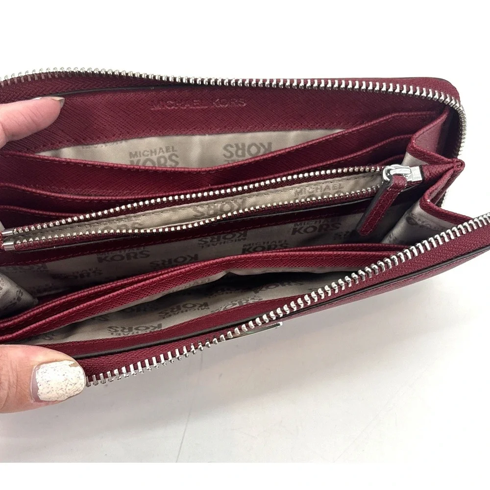 Michael Kors Large Zip Around Wallet Red Burgundy Silver Hardware
